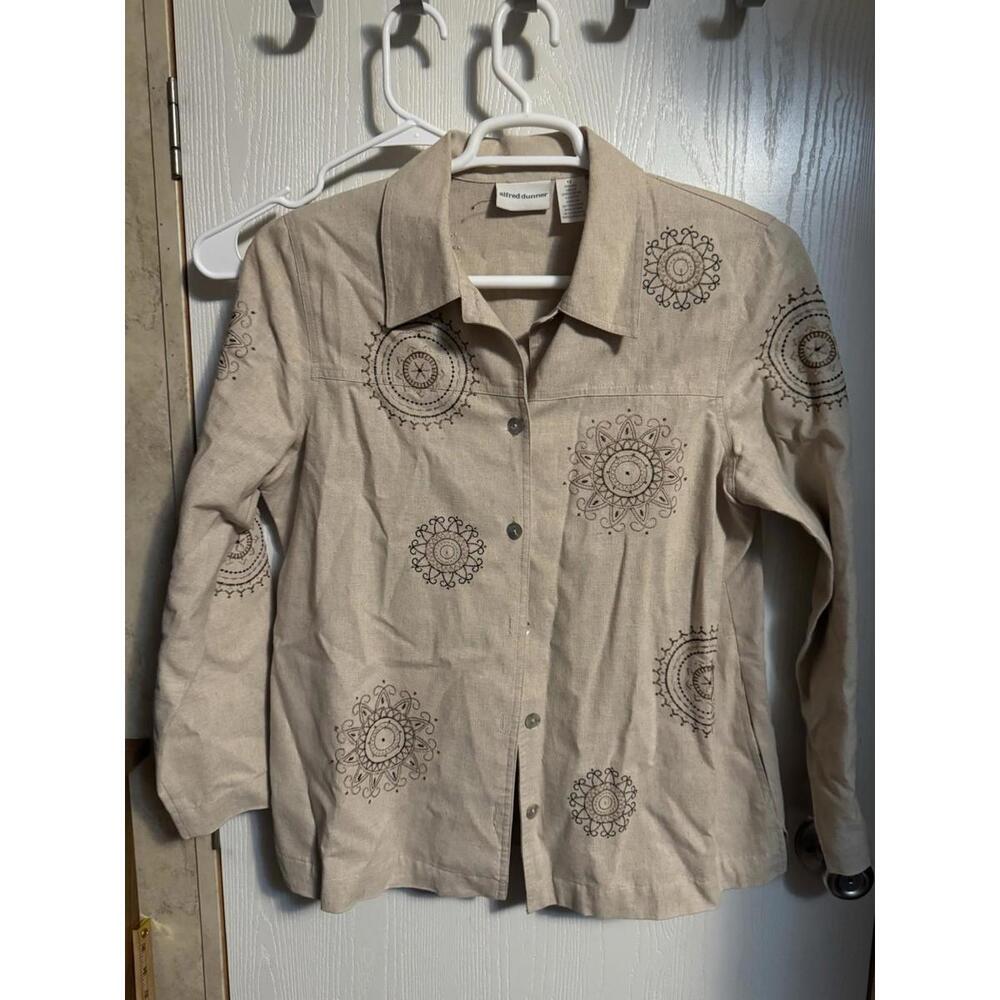 Alfred Dunner Tan Button Up Shirt/jacket Mandala Embroidery Linen Blend